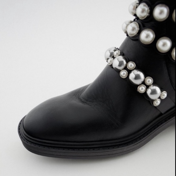 NWT RARE Luxury Winter Maximalist Zara Pearl Strap Genuine Leather Ankle Boots - Picture 6 of 17